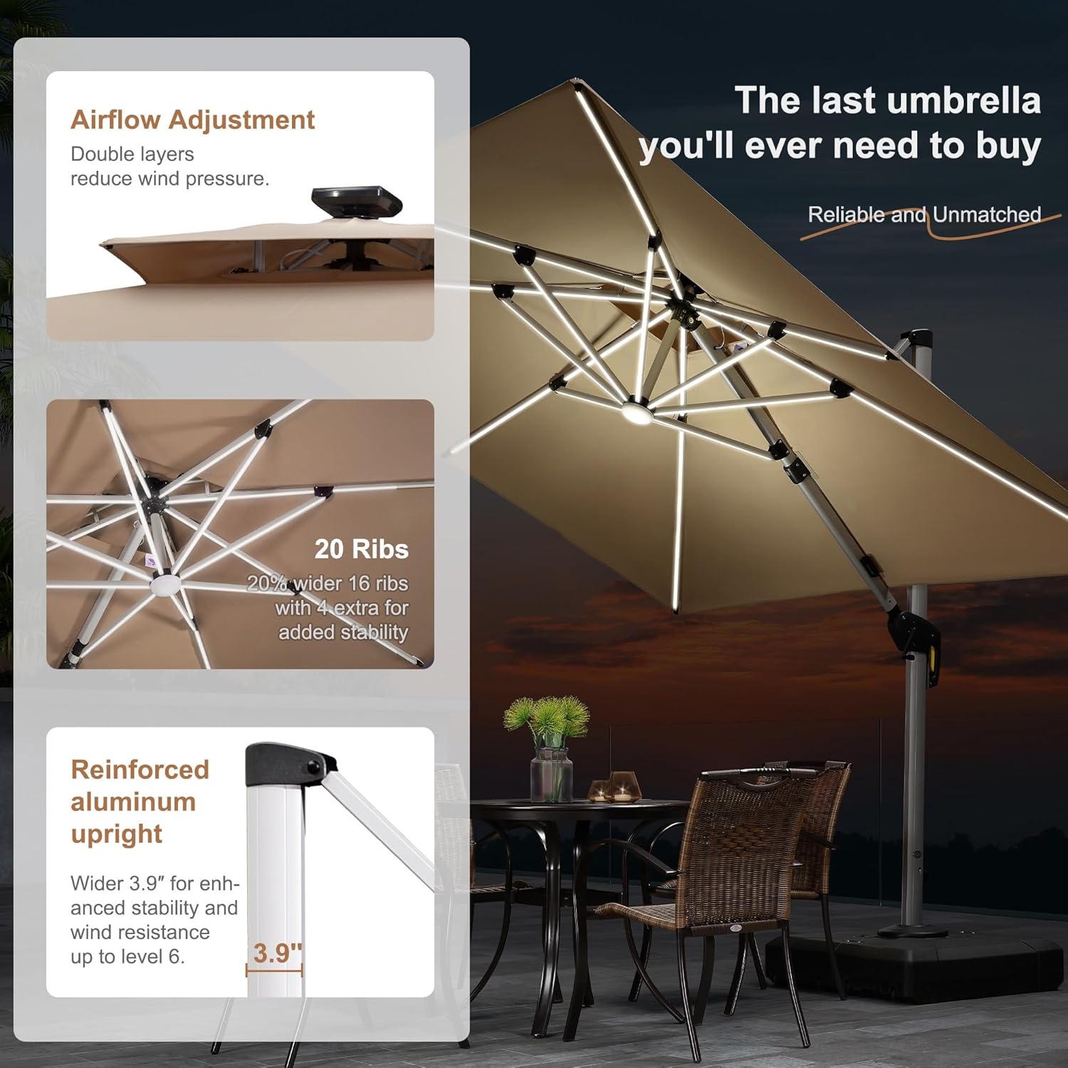 10피트 x 13피트 더블탑 디럭스 태양광 LED 직사 - Outdoor Furniture With Umbrella 리뷰 및 가격