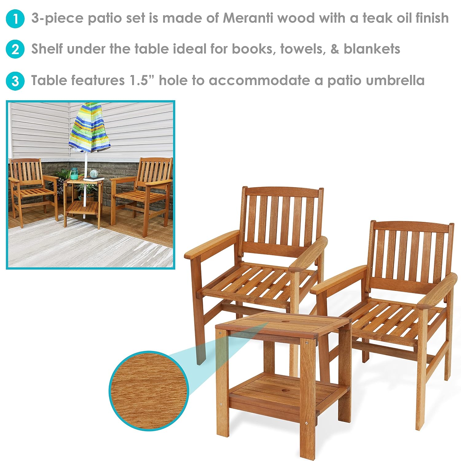 3피스 원목 파티오 세트 (의자 2개 & 테이블), 티 - Outdoor Furniture Oil Teak 리뷰 및 가격